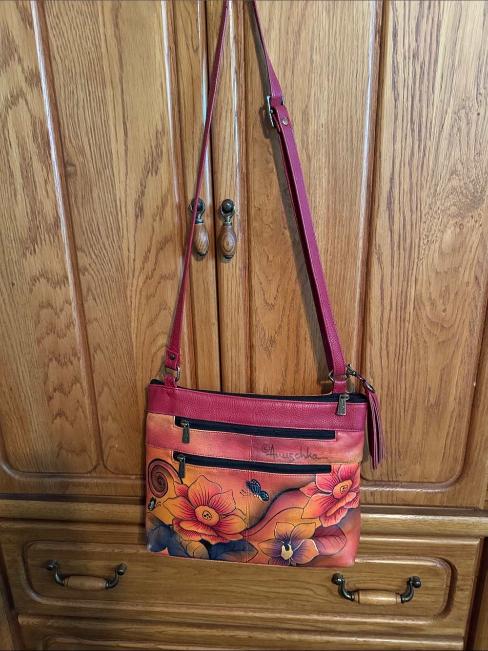 Anuschka Red Hand-Painted Floral Crossbody with Orange and Yellow Accents